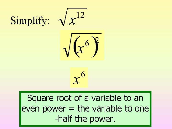 Simplify: Square root of a variable to an even power = the variable to