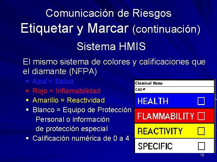 Comunicación de Riesgos Etiquetar y Marcar (continuación) Sistema HMIS El mismo sistema de colores