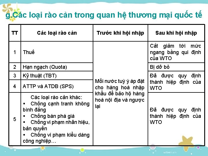 g. Các loại rào cản trong quan hệ thương mại quốc tế TT Các