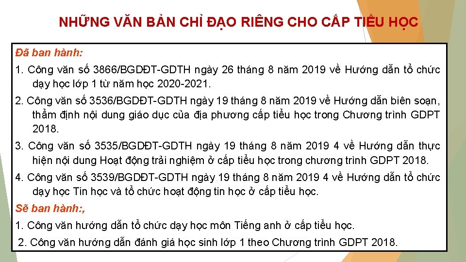 NHỮNG VĂN BẢN CHỈ ĐẠO RIÊNG CHO CẤP TIỂU HỌC Đã ban hành: 1.