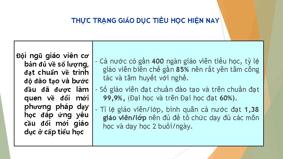 THỰC TRẠNG GIÁO DỤC TIỂU HỌC HIỆN NAY Đội ngũ giáo viên cơ bản