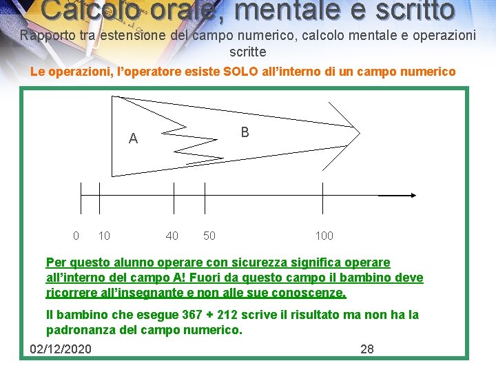 Calcolo orale, mentale e scritto Rapporto tra estensione del campo numerico, calcolo mentale e