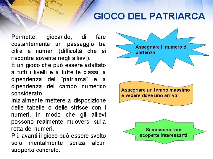 GIOCO DEL PATRIARCA Permette, giocando, di fare costantemente un passaggio tra cifre e numeri