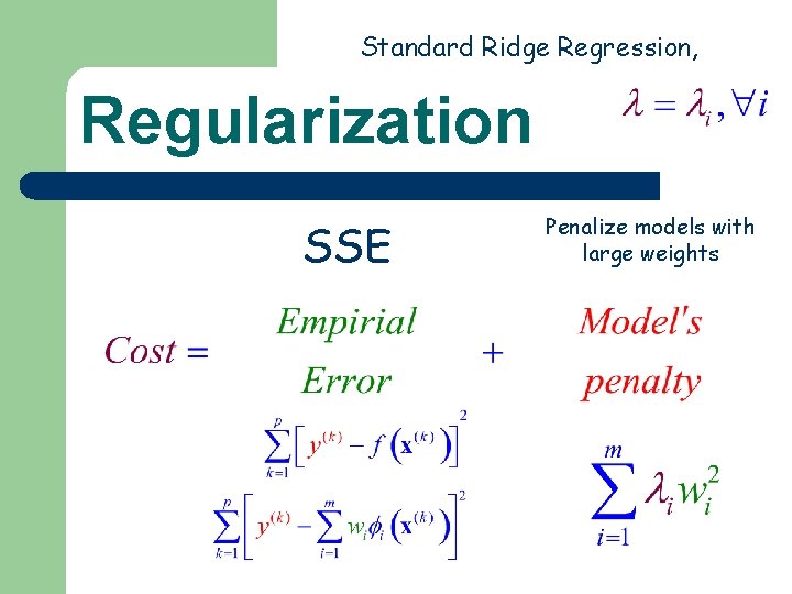 Standard Ridge Regression, Regularization SSE Penalize models with large weights Standard Ridge Regression, Regularization SSE Penalize models with large weights