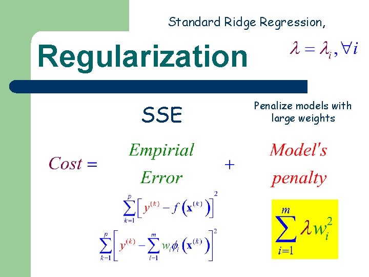 Standard Ridge Regression, Regularization SSE Penalize models with large weights 