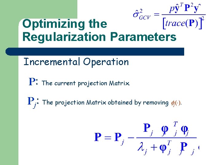 Optimizing the Regularization Parameters Incremental Operation P: The current projection Matrix. Pj: The projection Optimizing the Regularization Parameters Incremental Operation P: The current projection Matrix. Pj: The projection