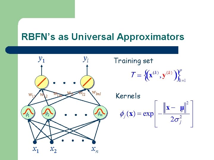 RBFN’s as Universal Approximators y 1 yl w 11 w 12 w 1 m