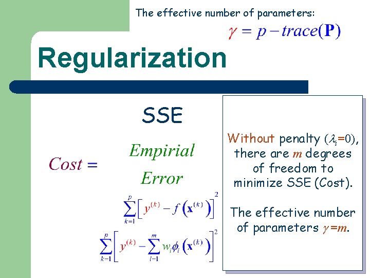 The effective number of parameters: Regularization SSE Penalize models with large weights Without penalty The effective number of parameters: Regularization SSE Penalize models with large weights Without penalty