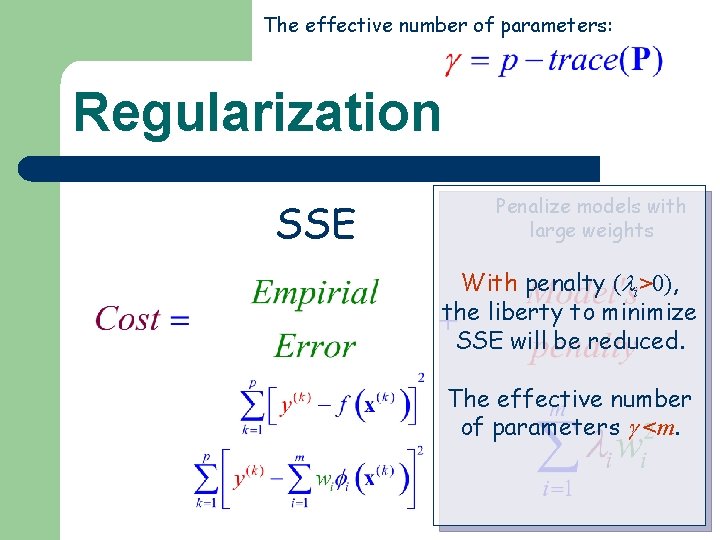 The effective number of parameters: Regularization SSE Penalize models with large weights With penalty