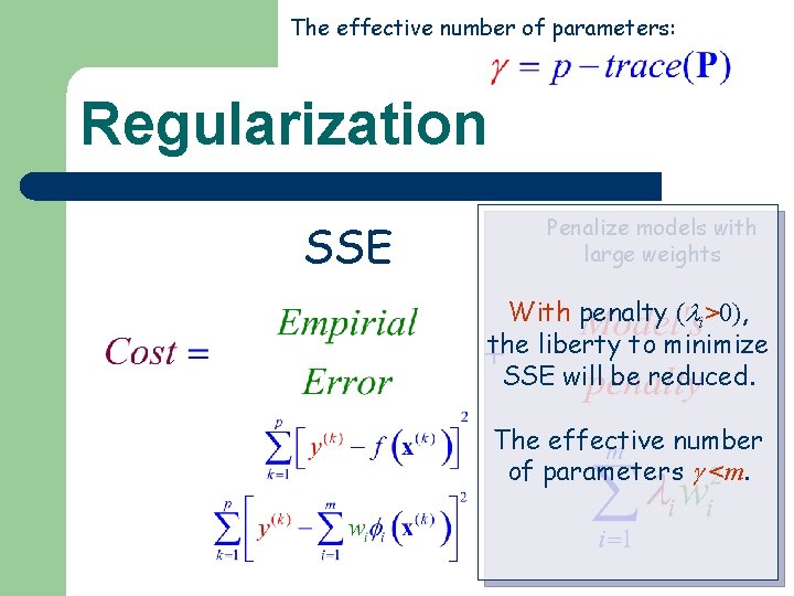 The effective number of parameters: Regularization SSE Penalize models with large weights With penalty The effective number of parameters: Regularization SSE Penalize models with large weights With penalty