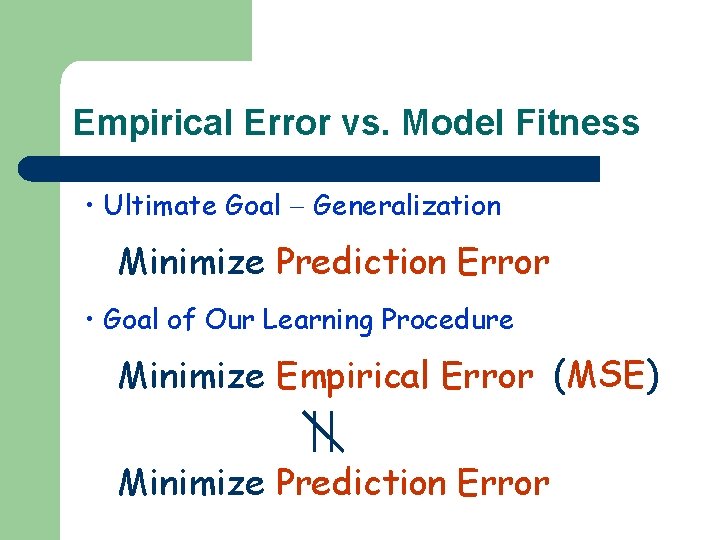 Empirical Error vs. Model Fitness • Ultimate Goal Generalization Minimize Prediction Error • Goal