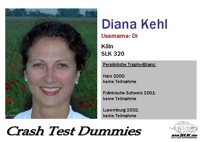 Diana Kehl Username: Di Köln SLK 320 Persönliche Trophy-Bilanz: Harz 2000: keine Teilnahme Fränkische