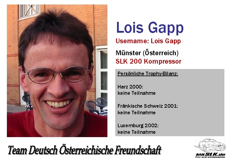 Lois Gapp Username: Lois Gapp Münster (Österreich) SLK 200 Kompressor Persönliche Trophy-Bilanz: Harz 2000: