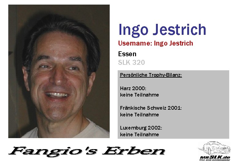 Ingo Jestrich Username: Ingo Jestrich Essen SLK 320 Persönliche Trophy-Bilanz: Harz 2000: keine Teilnahme
