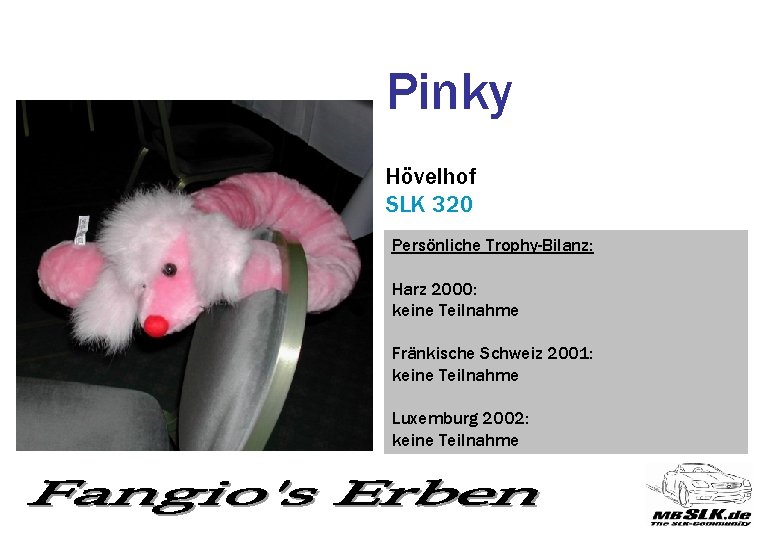 Pinky Hövelhof SLK 320 Persönliche Trophy-Bilanz: Harz 2000: keine Teilnahme Fränkische Schweiz 2001: keine