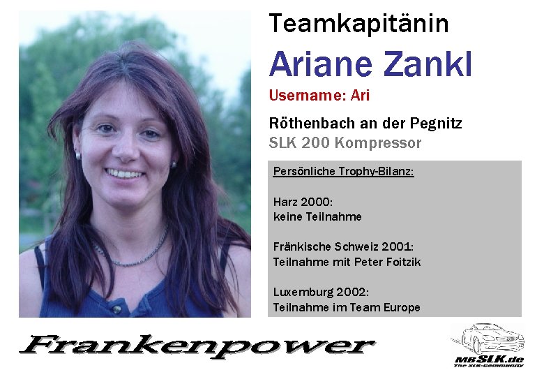 Teamkapitänin Ariane Zankl Username: Ari Röthenbach an der Pegnitz SLK 200 Kompressor Persönliche Trophy-Bilanz: