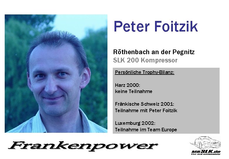 Peter Foitzik Röthenbach an der Pegnitz SLK 200 Kompressor Persönliche Trophy-Bilanz: Harz 2000: keine