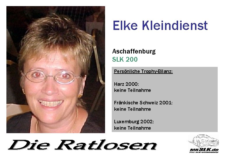 Elke Kleindienst Aschaffenburg SLK 200 Persönliche Trophy-Bilanz: Harz 2000: keine Teilnahme Fränkische Schweiz 2001: