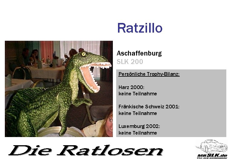 Ratzillo Aschaffenburg SLK 200 Persönliche Trophy-Bilanz: Harz 2000: keine Teilnahme Fränkische Schweiz 2001: keine