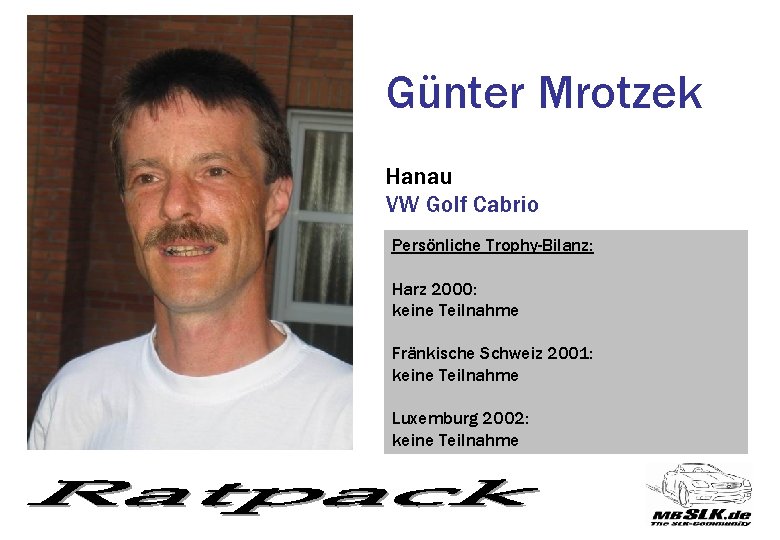 Günter Mrotzek Hanau VW Golf Cabrio Persönliche Trophy-Bilanz: Harz 2000: keine Teilnahme Fränkische Schweiz