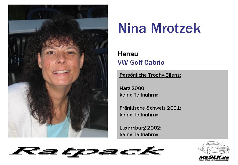 Nina Mrotzek Hanau VW Golf Cabrio Persönliche Trophy-Bilanz: Harz 2000: keine Teilnahme Fränkische Schweiz