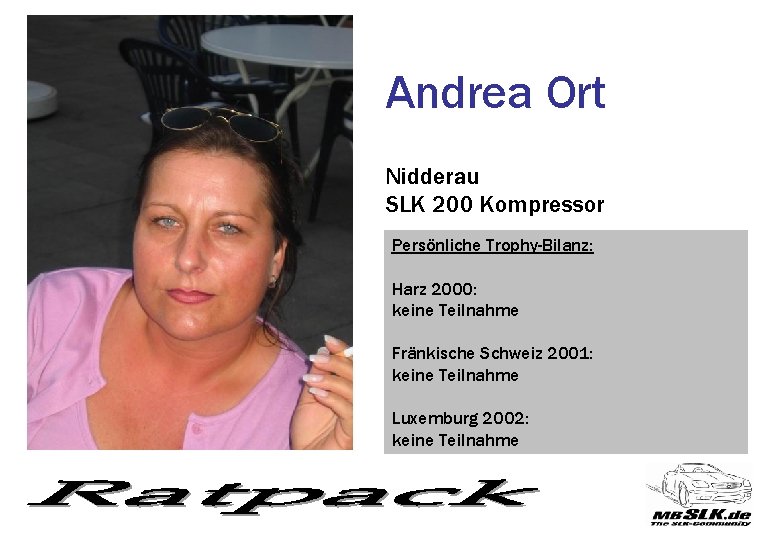 Andrea Ort Nidderau SLK 200 Kompressor Persönliche Trophy-Bilanz: Harz 2000: keine Teilnahme Fränkische Schweiz