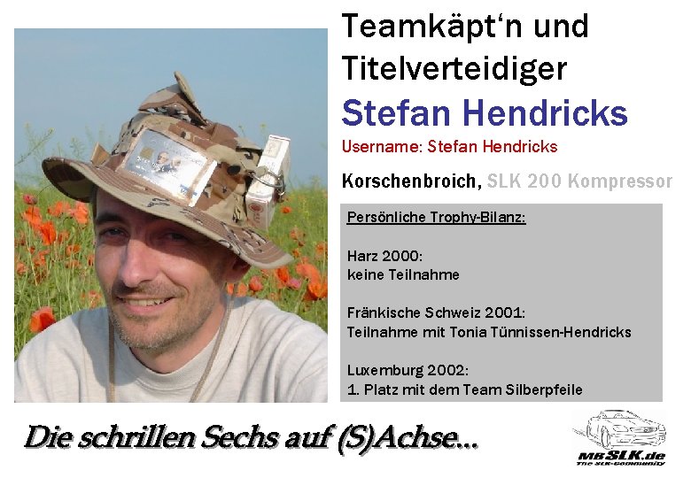 Teamkäpt‘n und Titelverteidiger Stefan Hendricks Username: Stefan Hendricks Korschenbroich, SLK 200 Kompressor Persönliche Trophy-Bilanz: