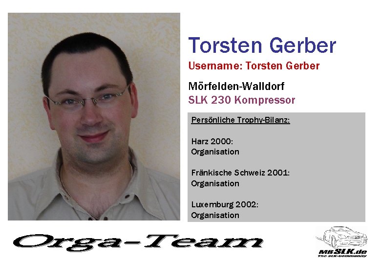 Torsten Gerber Username: Torsten Gerber Mörfelden-Walldorf SLK 230 Kompressor Persönliche Trophy-Bilanz: Harz 2000: Organisation