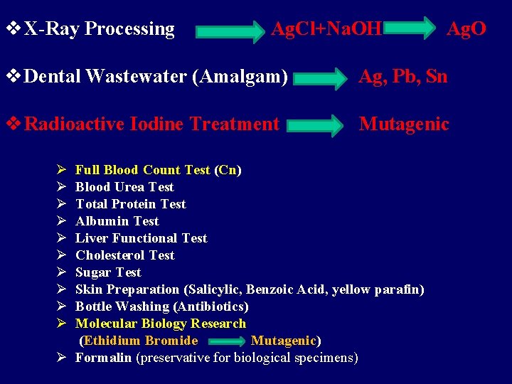 v X-Ray Processing Ag. Cl+Na. OH Ag. O v Dental Wastewater (Amalgam) Ag, Pb,