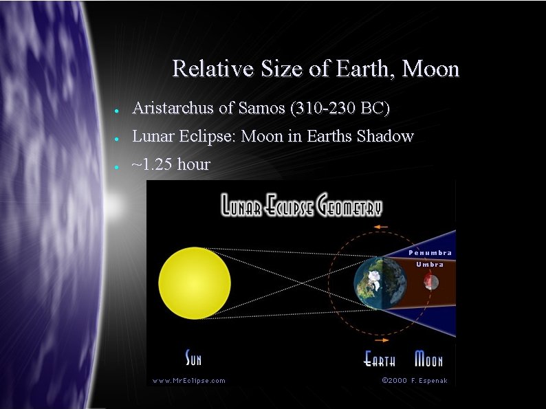 Relative Size of Earth, Moon ● Aristarchus of Samos (310 -230 BC) ● Lunar