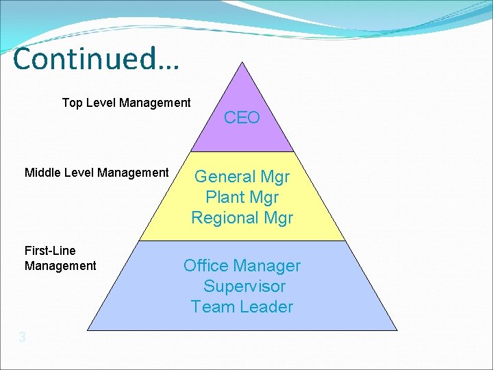 Continued… Top Level Management Middle Level Management First-Line Management 3 CEO General Mgr Plant