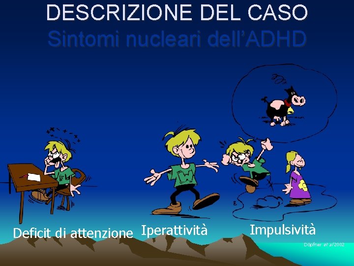 DESCRIZIONE DEL CASO Sintomi nucleari dell’ADHD Deficit di attenzione Iperattività Impulsività Döpfner et al