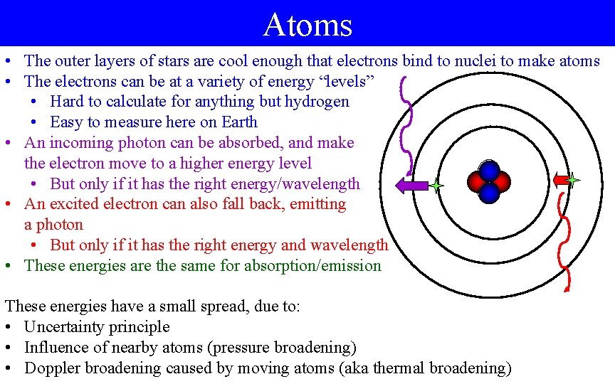 Atoms • The outer layers of stars are cool enough that electrons bind to