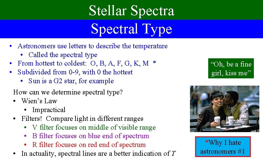 Stellar Spectral Type • Astronomers use letters to describe the temperature • Called the