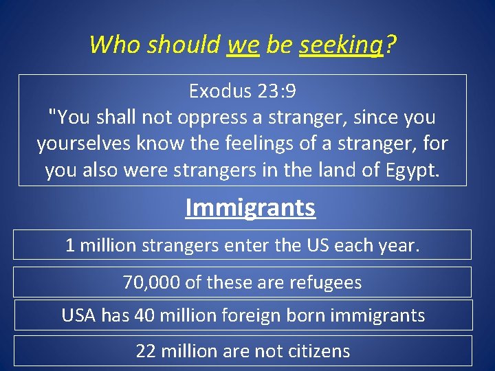 Who should we be seeking? Exodus 23: 9 "You shall not oppress a stranger,