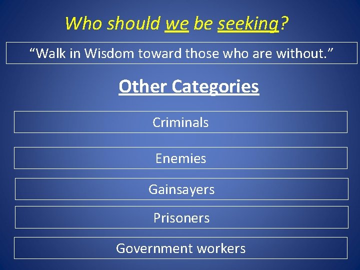 Who should we be seeking? “Walk in Wisdom toward those who are without. ”