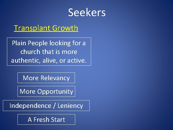 Seekers Transplant Growth Plain People looking for a church that is more authentic, alive,