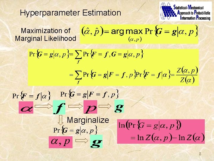 Hyperparameter Estimation Maximization of Marginal Likelihood Marginalize 8 