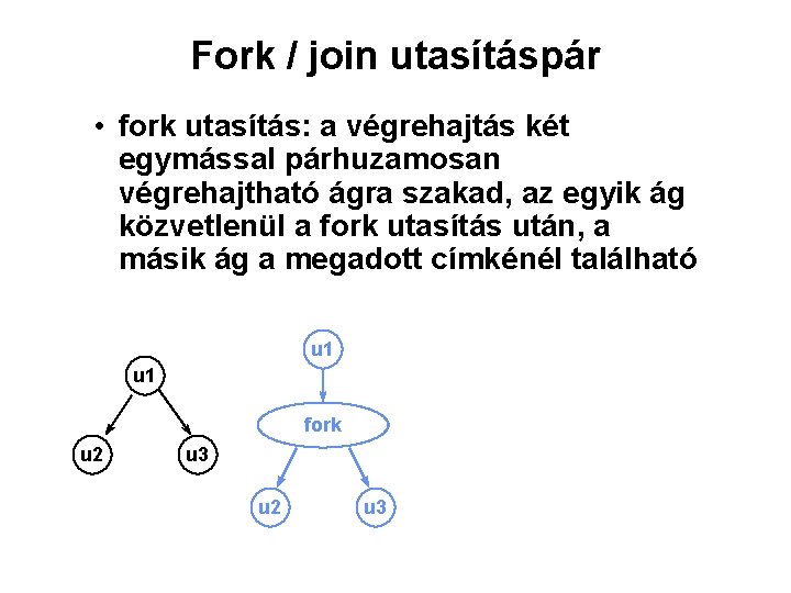 Fork / join utasításpár • fork utasítás: a végrehajtás két egymással párhuzamosan végrehajtható ágra