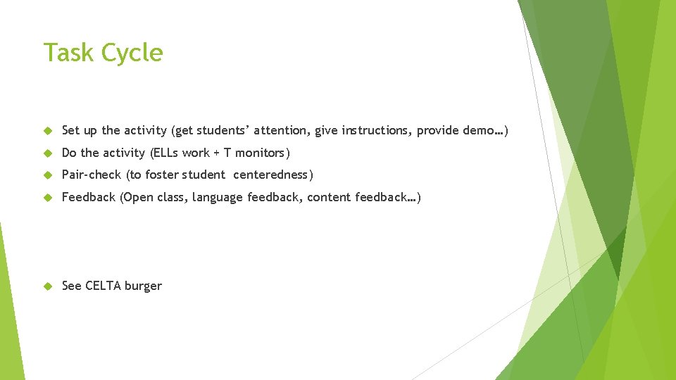 Task Cycle Set up the activity (get students’ attention, give instructions, provide demo…) Do Task Cycle Set up the activity (get students’ attention, give instructions, provide demo…) Do