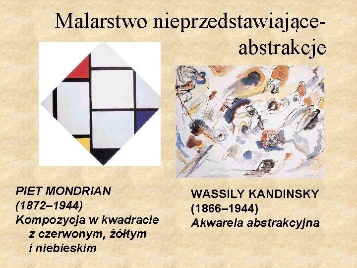 Malarstwo nieprzedstawiająceabstrakcje PIET MONDRIAN (1872– 1944) Kompozycja w kwadracie z czerwonym, żółtym i niebieskim