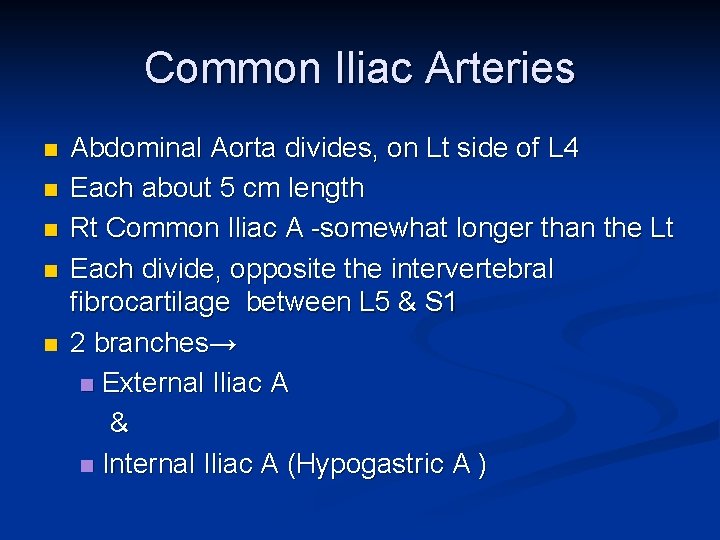 Common Iliac Arteries n n n Abdominal Aorta divides, on Lt side of L