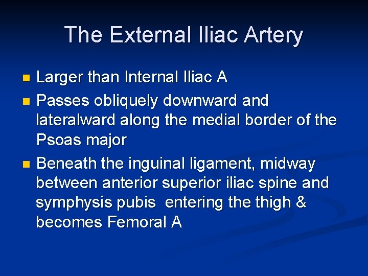 The External Iliac Artery Larger than Internal Iliac A n Passes obliquely downward and