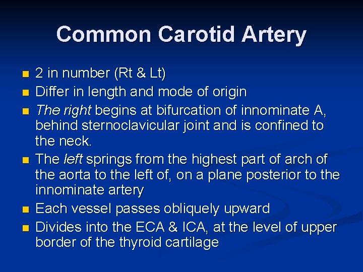 Common Carotid Artery n n n 2 in number (Rt & Lt) Differ in