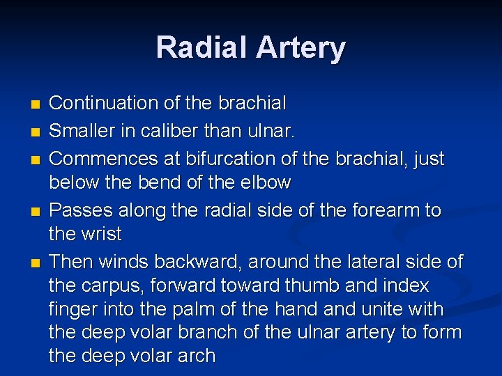 Radial Artery n n n Continuation of the brachial Smaller in caliber than ulnar.