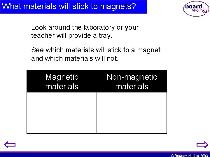 What materials will stick to magnets? Look around the laboratory or your teacher will