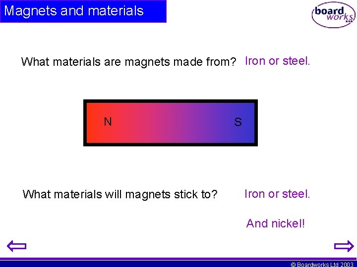 Magnets and materials What materials are magnets made from? Iron or steel. N What