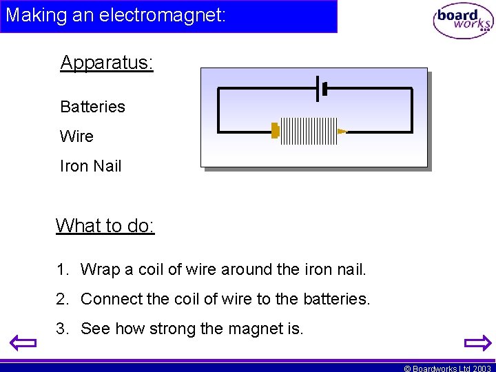 Making an electromagnet: Apparatus: Batteries Wire Iron Nail What to do: 1. Wrap a