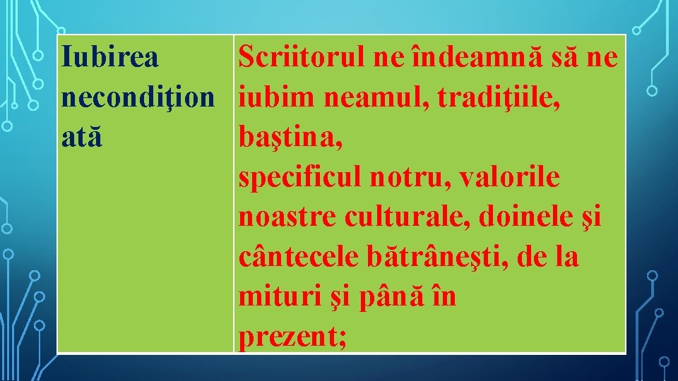 Iubirea Scriitorul ne îndeamnă să ne necondiţion iubim neamul, tradiţiile, ată baştina, specificul notru,