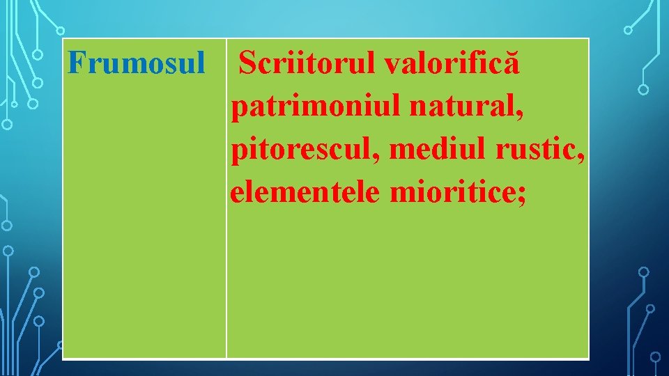 Frumosul Scriitorul valorifică patrimoniul natural, pitorescul, mediul rustic, elementele mioritice; 